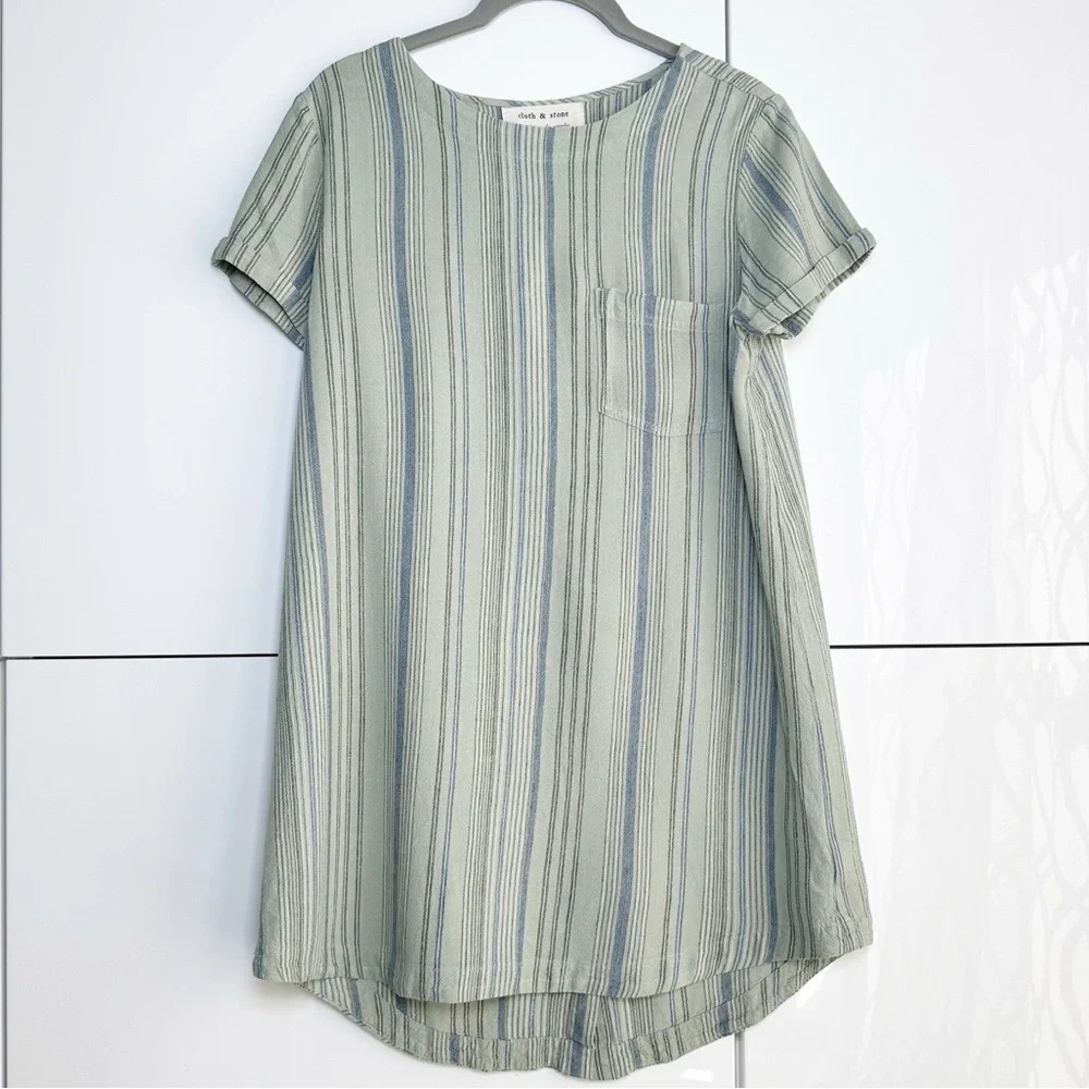 Cloth & Stone Linen Blend Tunic Dress Striped Short Sleeve Size Small Sage Green - Picture 1 of 11